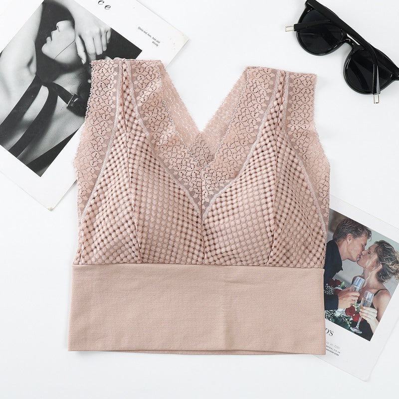 Koronkowa bezszwowa oddychająca koszulka z dekoltem w szpic