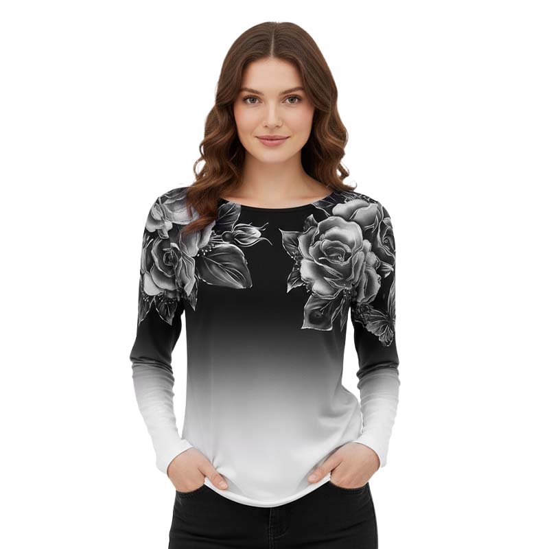 🔥👚Modna bluzka z długim rękawem i kwiatowym nadrukiem