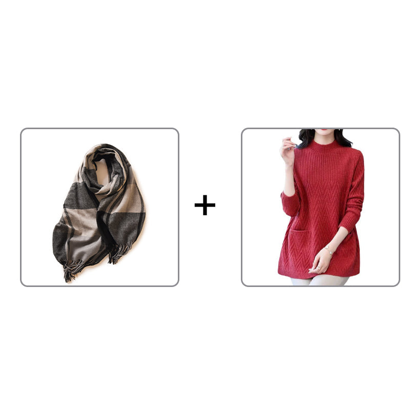 Damski modny sweter średniej długości z kieszeniami