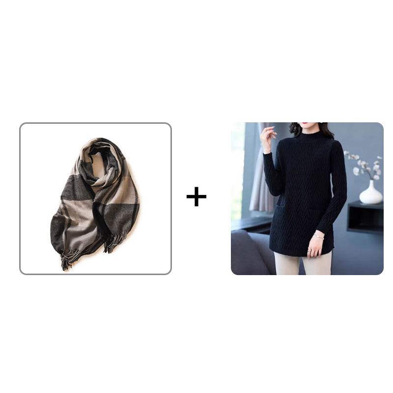 Damski modny sweter średniej długości z kieszeniami