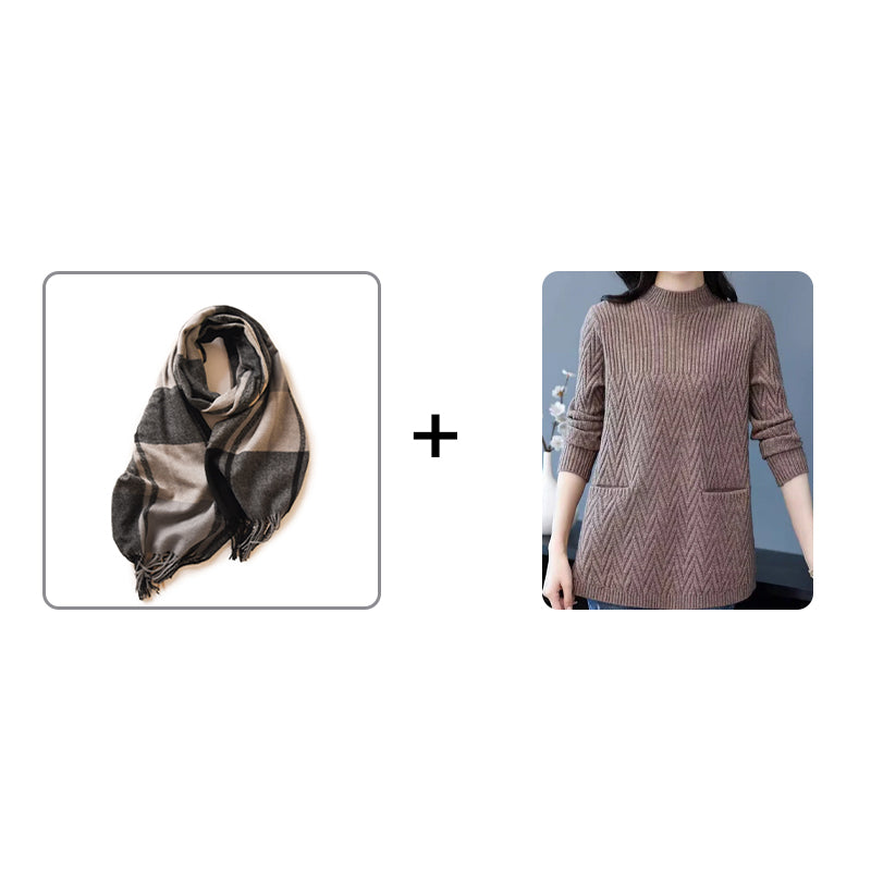 Damski modny sweter średniej długości z kieszeniami