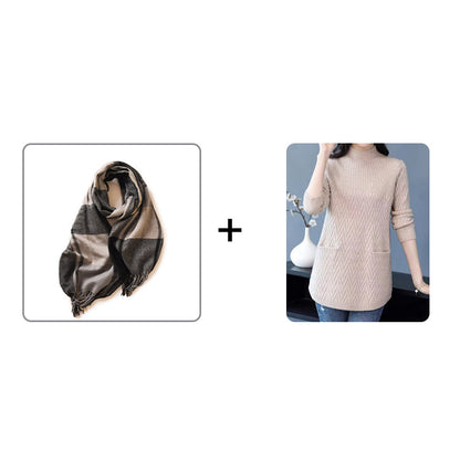 Damski modny sweter średniej długości z kieszeniami