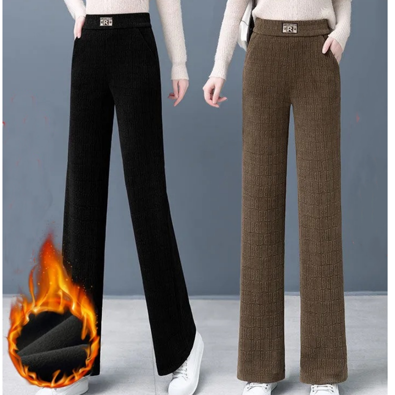 Ciepłe spodnie damskie z wysokim stanem i szerokimi nogawkami