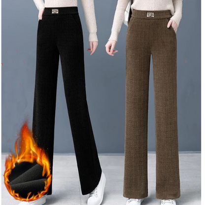 Ciepłe spodnie damskie z wysokim stanem i szerokimi nogawkami