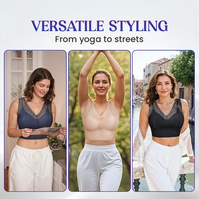 Koronkowa bezszwowa oddychająca koszulka z dekoltem w szpic