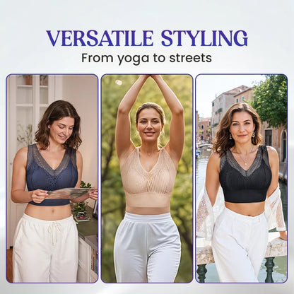 Koronkowa bezszwowa oddychająca koszulka z dekoltem w szpic