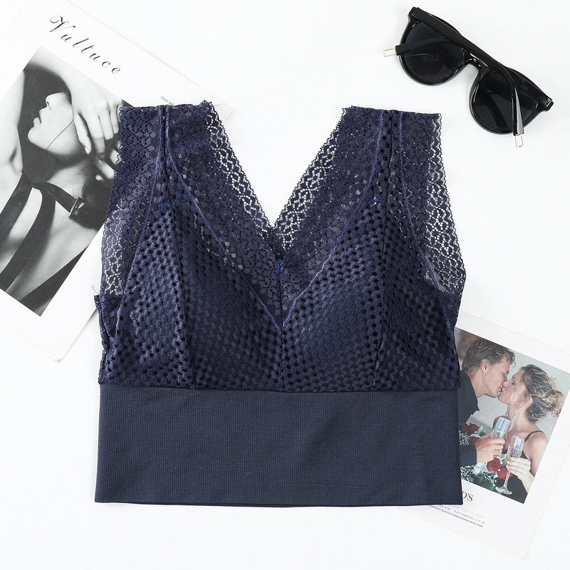 Koronkowa bezszwowa oddychająca koszulka z dekoltem w szpic