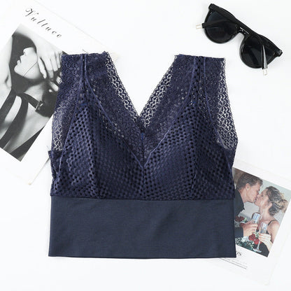 Koronkowa bezszwowa oddychająca koszulka z dekoltem w szpic