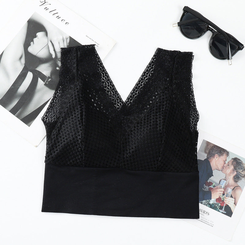 Koronkowa bezszwowa oddychająca koszulka z dekoltem w szpic