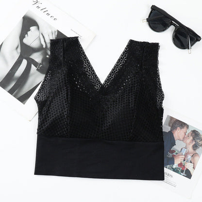 Koronkowa bezszwowa oddychająca koszulka z dekoltem w szpic