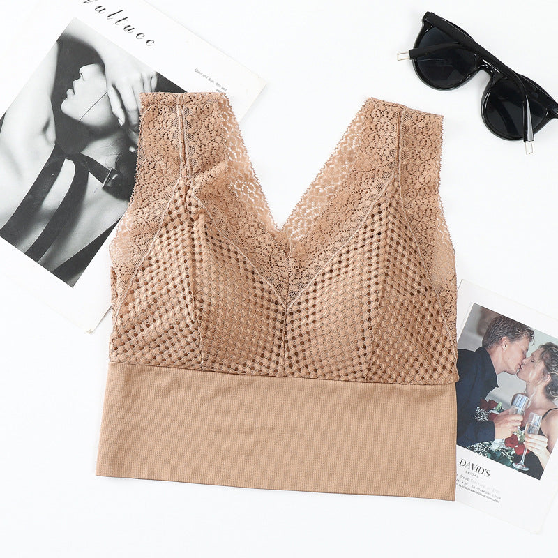 Koronkowa bezszwowa oddychająca koszulka z dekoltem w szpic