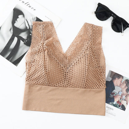 Koronkowa bezszwowa oddychająca koszulka z dekoltem w szpic