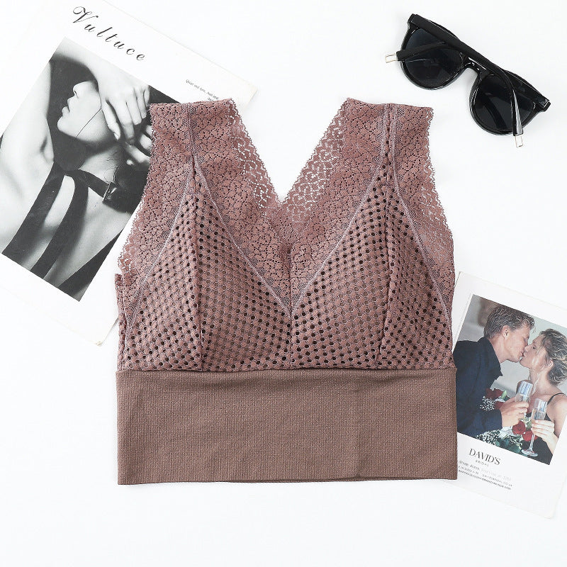 Koronkowa bezszwowa oddychająca koszulka z dekoltem w szpic