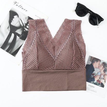 Koronkowa bezszwowa oddychająca koszulka z dekoltem w szpic