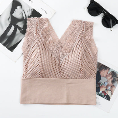 Koronkowa bezszwowa oddychająca koszulka z dekoltem w szpic