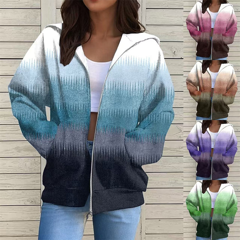 Damska modna bluza z kapturem z długim rękawem i nadrukiem w gradiencie