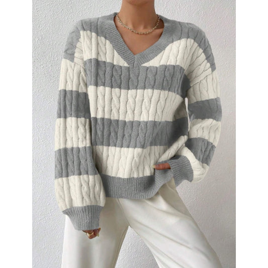 👚Damowy sweter w paski z dekoltem w serek