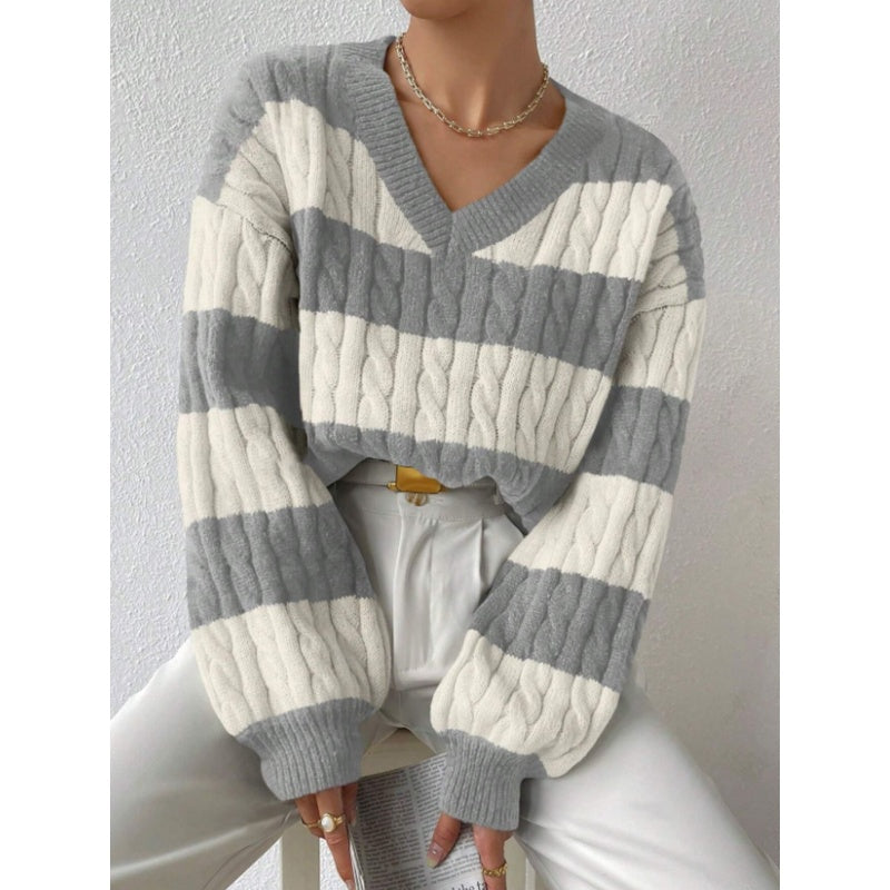 👚Damowy sweter w paski z dekoltem w serek