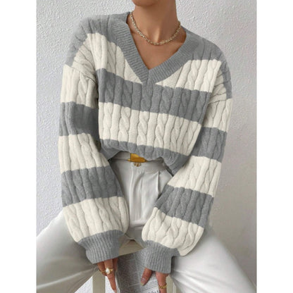 👚Damowy sweter w paski z dekoltem w serek