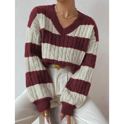 👚Damowy sweter w paski z dekoltem w serek