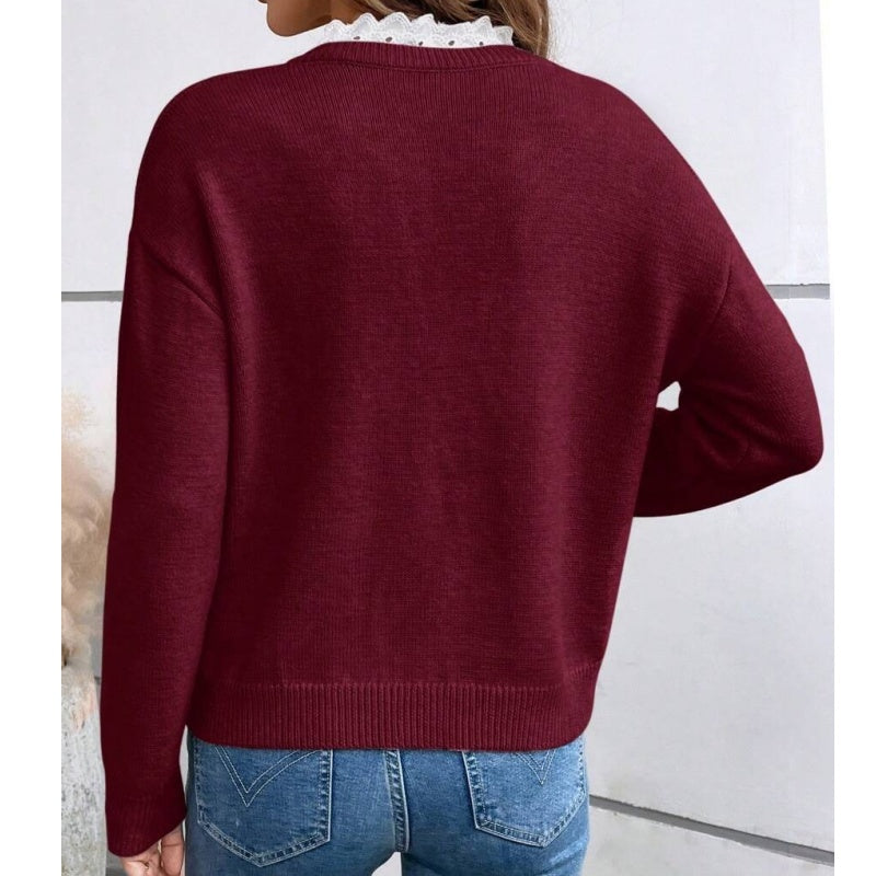 ✨Damska dzianinowa bluzka z dekoltem w serek i koronkową lamówką