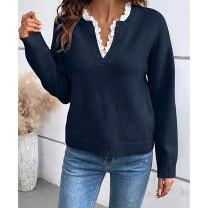 ✨Damska dzianinowa bluzka z dekoltem w serek i koronkową lamówką