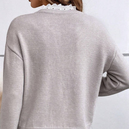 ✨Damska dzianinowa bluzka z dekoltem w serek i koronkową lamówką